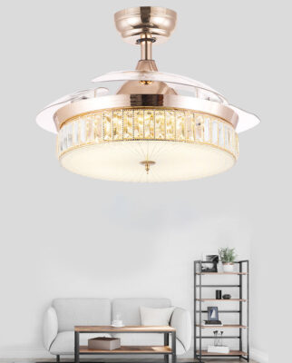 INVISIBLE CEILING FAN CHANDELIER CRYSTAL AND REMOTE CONTROL 4 RETRACTABLE ABS BLADES - WARM WHITE