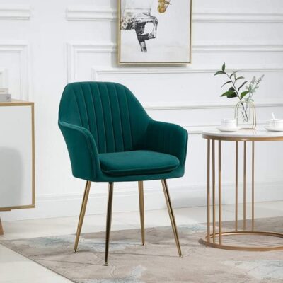 BAWARI Velvet Upholstered Modern Accent Arm Chair for Living and Dining Room Mid-Century Club Guest Seat with Golden Legs (Standard, Green)