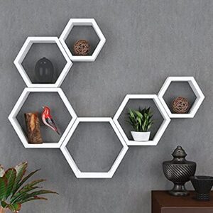 Lenakel Sizkon Engineered Wood Hexagon Shape Wall Shelf for Living Room & Bed Room - Set of 6 (White)