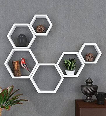Lenakel Sizkon Engineered Wood Hexagon Shape Wall Shelf for Living Room & Bed Room - Set of 6 (White)