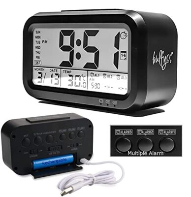 Bulfyss USB Rechargeable Digital Alarm Clock, Date, Temperature, Backlight LCD Display Smart Clock with 3 Alarms Bedroom Table Desk (Black)
