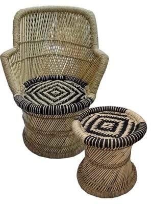 VANSHIKA Craft ! Natural Bamboo Mudda Weaving Black and Beige Flower Chair Set ! Chair with Wave Design Mudda