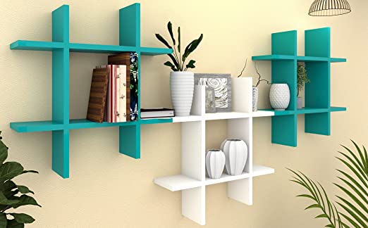 AMAZE SHOPPEE Exclusive Designed Hashtag Floating Wall Mount Shelf Display Shelves Storage Organizer for Wall Decoration of Your Home, Living Room, Bed Room, Office (Pack of 3, Turquoise & White)