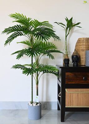 Blooming Floret Artificial Areca Palm | 3 Stems Having 27 Leaves (110 CM Long) | with Basic Black Pot | Ornamental Plant for Interior Decor/Home Decor/Office Decor | Dustproof