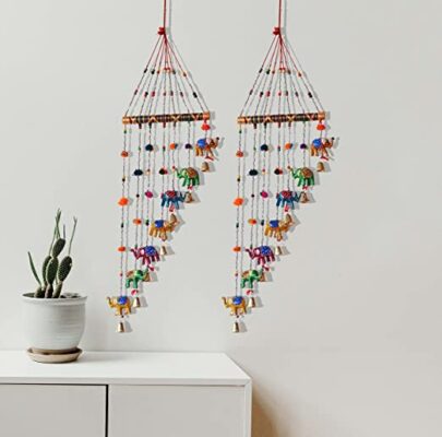 PALPAL Art Gallery Home Decoration Items Paper mache Elephant Wind Chimes/Safe Combo Set of 2 Home Decoration for Hall balcony Wall/Door/Window Hanging Bells (101 cm Multicolour)