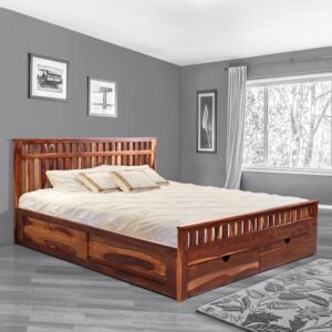 Beatrice Queen Size Bed with Drawer Storage in Honey Finish