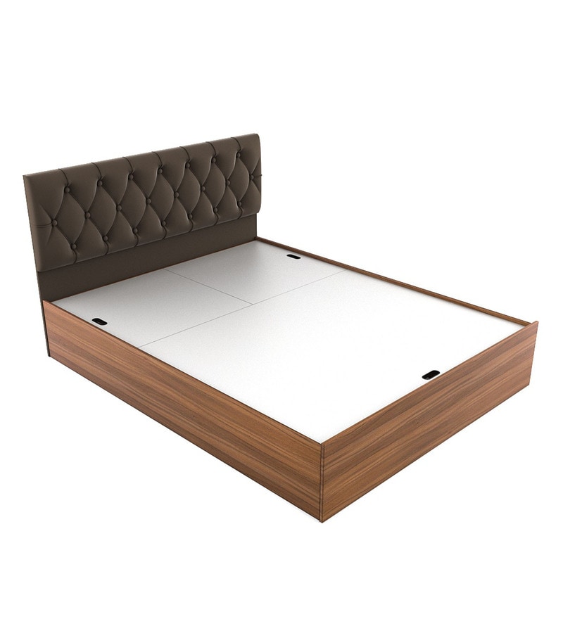Comet Queen Size Upholstered Bed with Hydraulic Storage in Exotic Teak Finish Furniturly