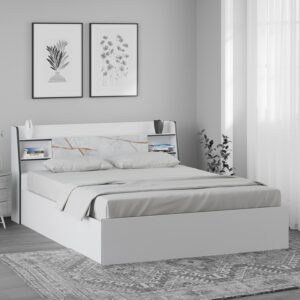 Marbito Queen Size Bed With Box & Headboard Storage in White Colour