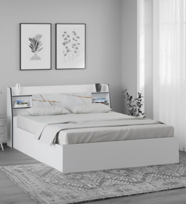 Marbito Queen Size Bed With Box & Headboard Storage in White Colour