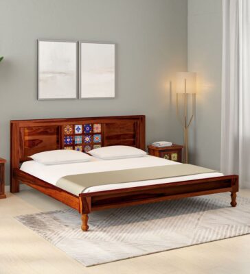 Siramika Solid Wood King Size Bed In Honey Oak Finish