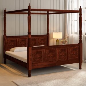 Vayaka Solid Wood King Size Poster Bed In Honey Oak Finish