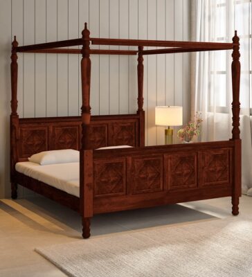 Vayaka Solid Wood King Size Poster Bed In Honey Oak Finish
