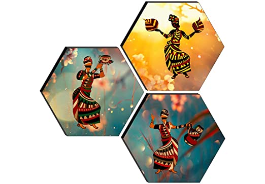 SAF Set of 3 Hexagon Modern Art Dancing MDF Board UV Textured Painting 17 Inch X 17 Inch SANFHXS30542
